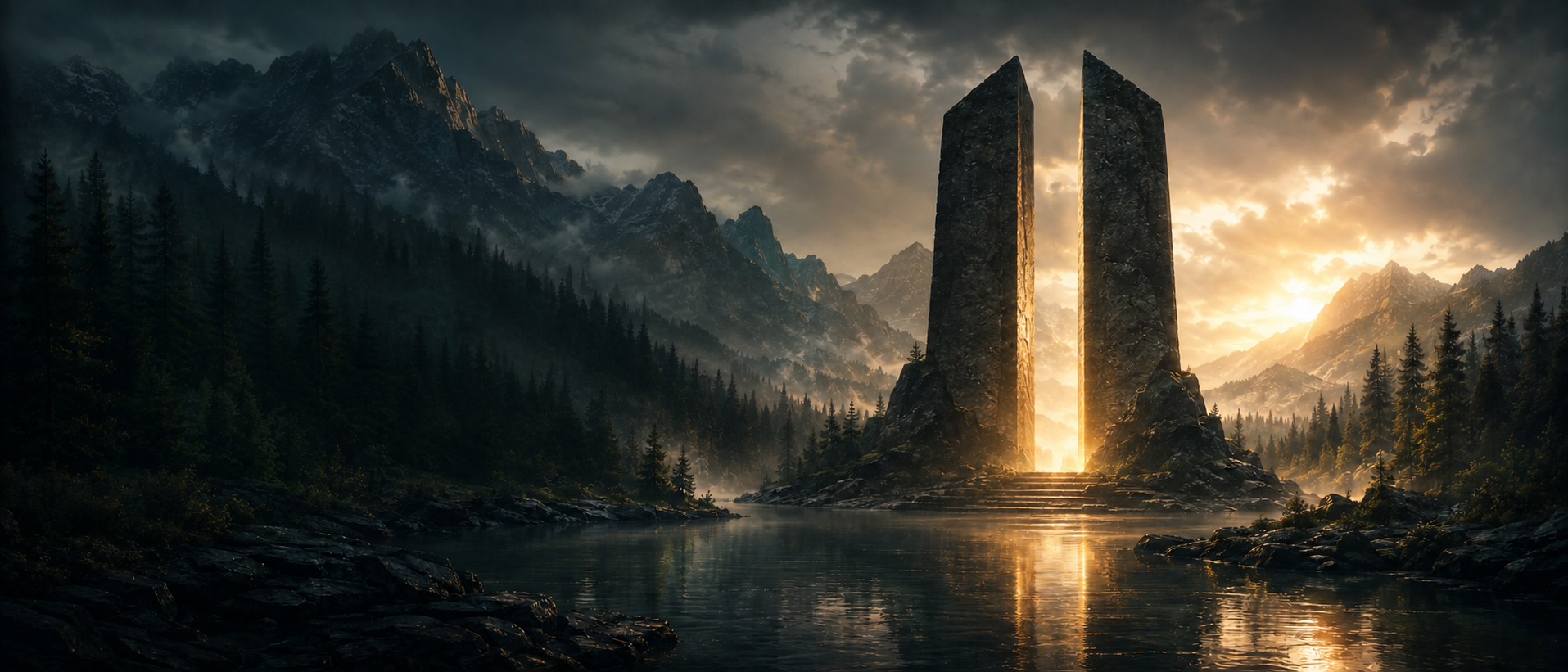 Two monumental stone forms open onto golden light, surrounded by misty mountains and a still, dark lake.